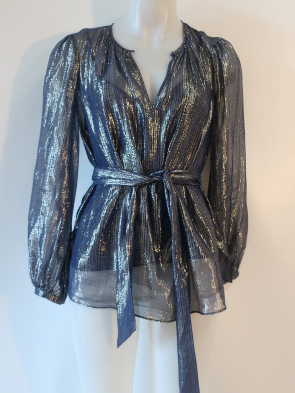 Womens Intermix Blue Gold (Item-28) Silk Blend Layered Belted Tunic Blouse Top S